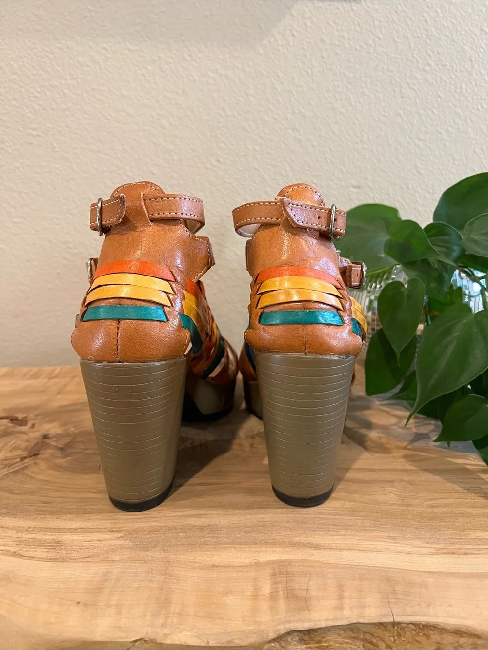 Tan Leather Platform Sandals with Multicolor Woven Accents